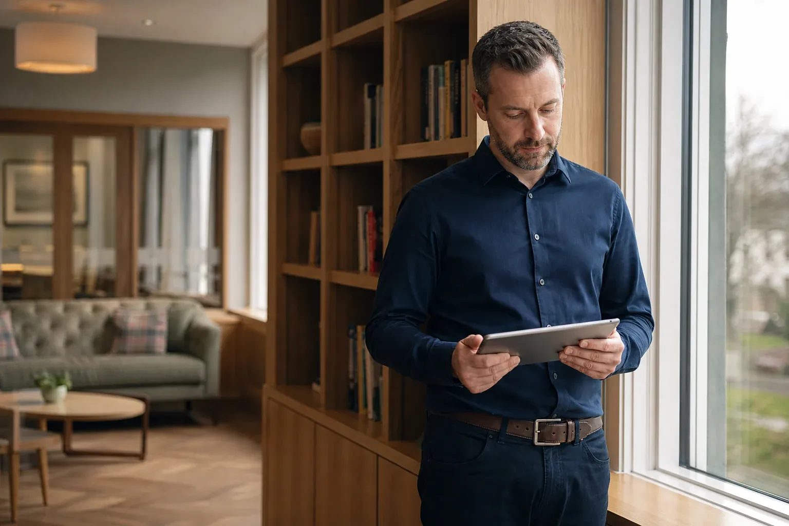 A care-home leader reading professional guidance in a quiet staff lounge