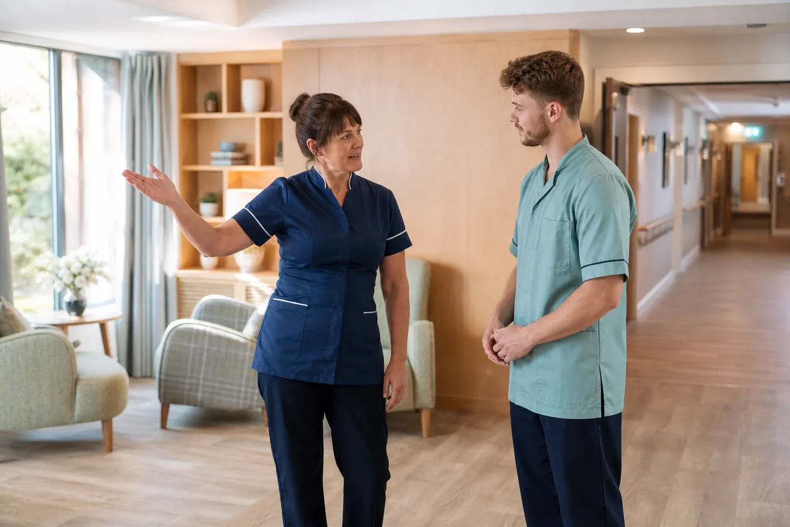 A shift lead welcoming a care professional to the home