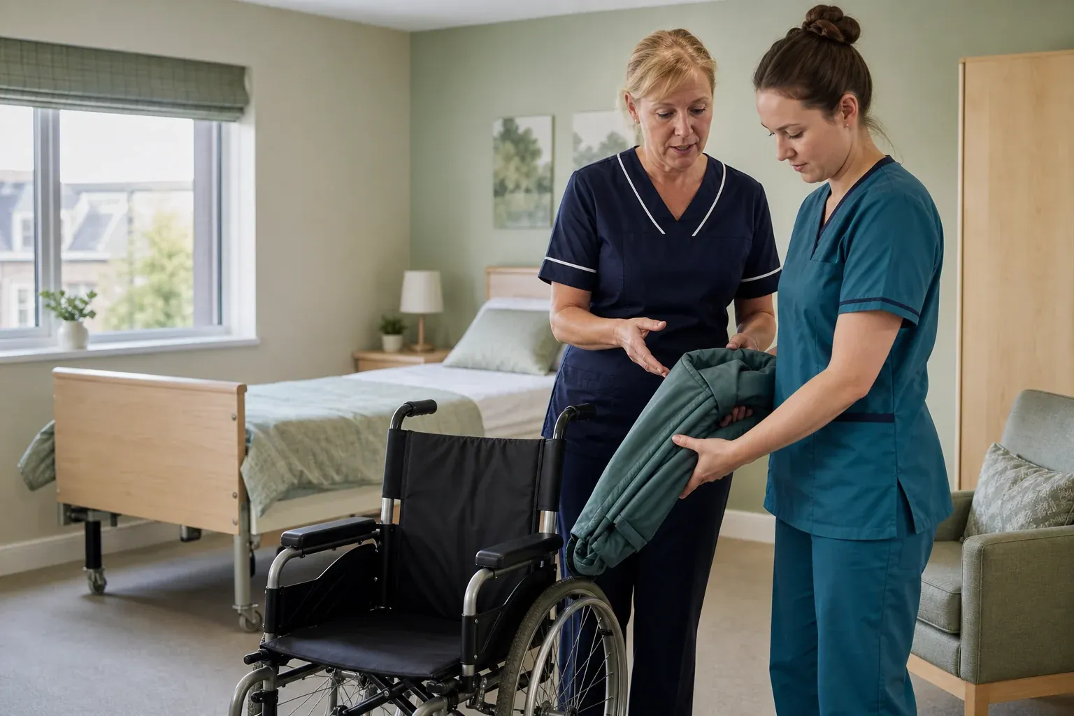 A nurse educator guiding a practical care training session