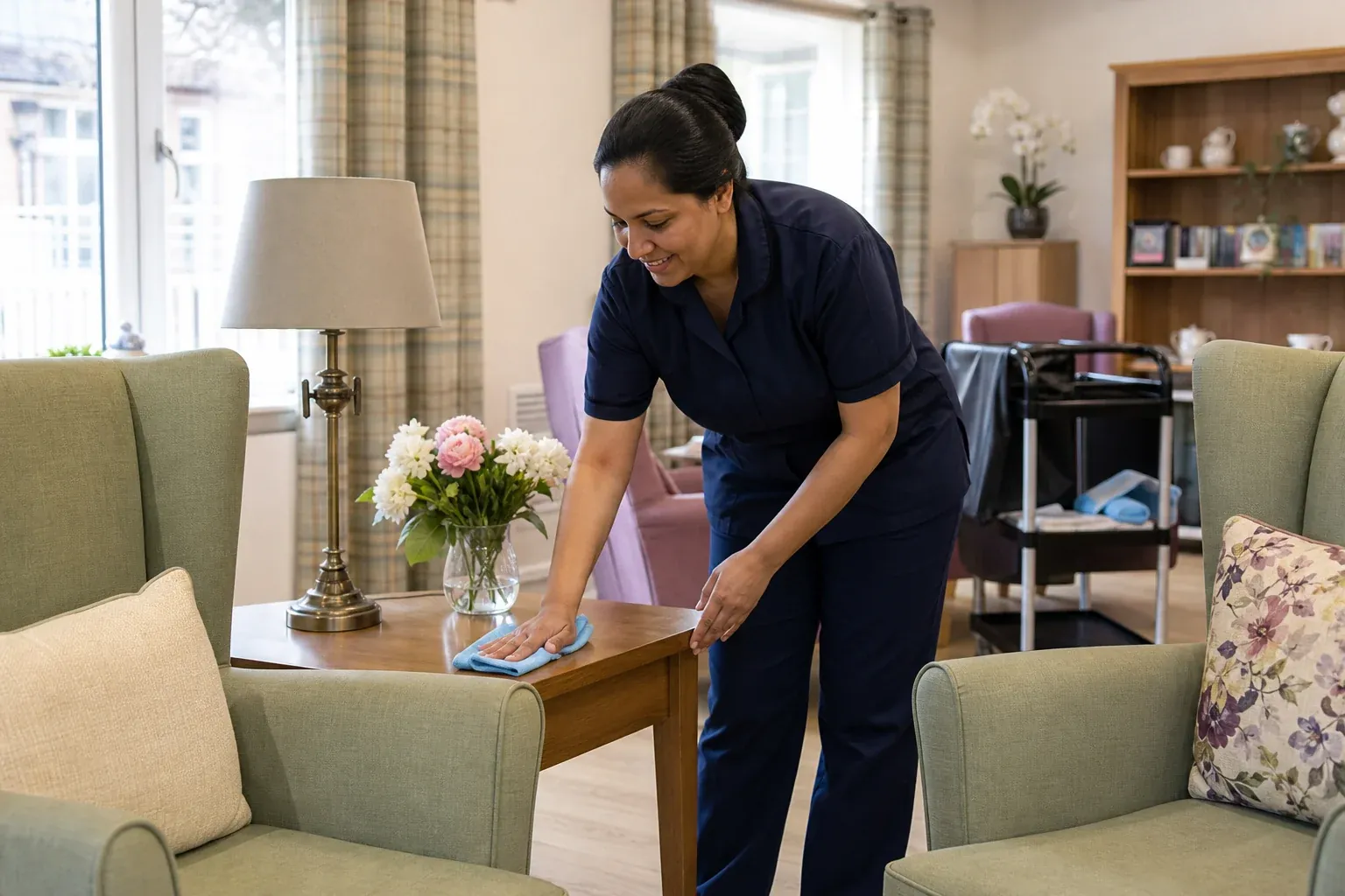 A domestic assistant carefully cleaning a care-home resident lounge