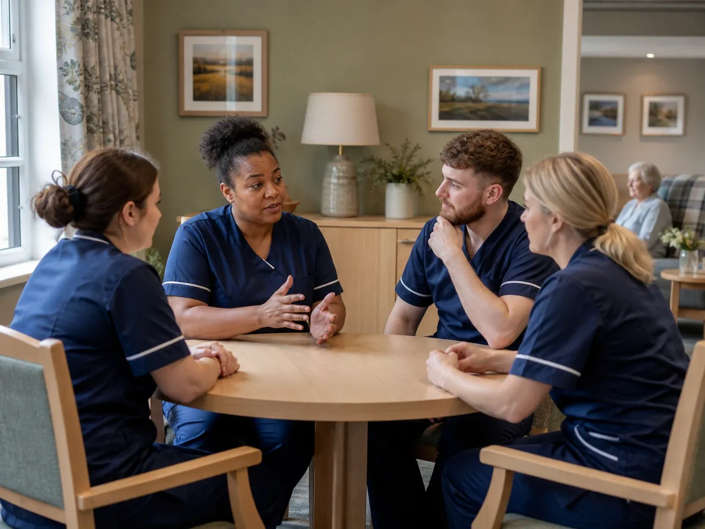 A diverse care team sharing a calm shift handover