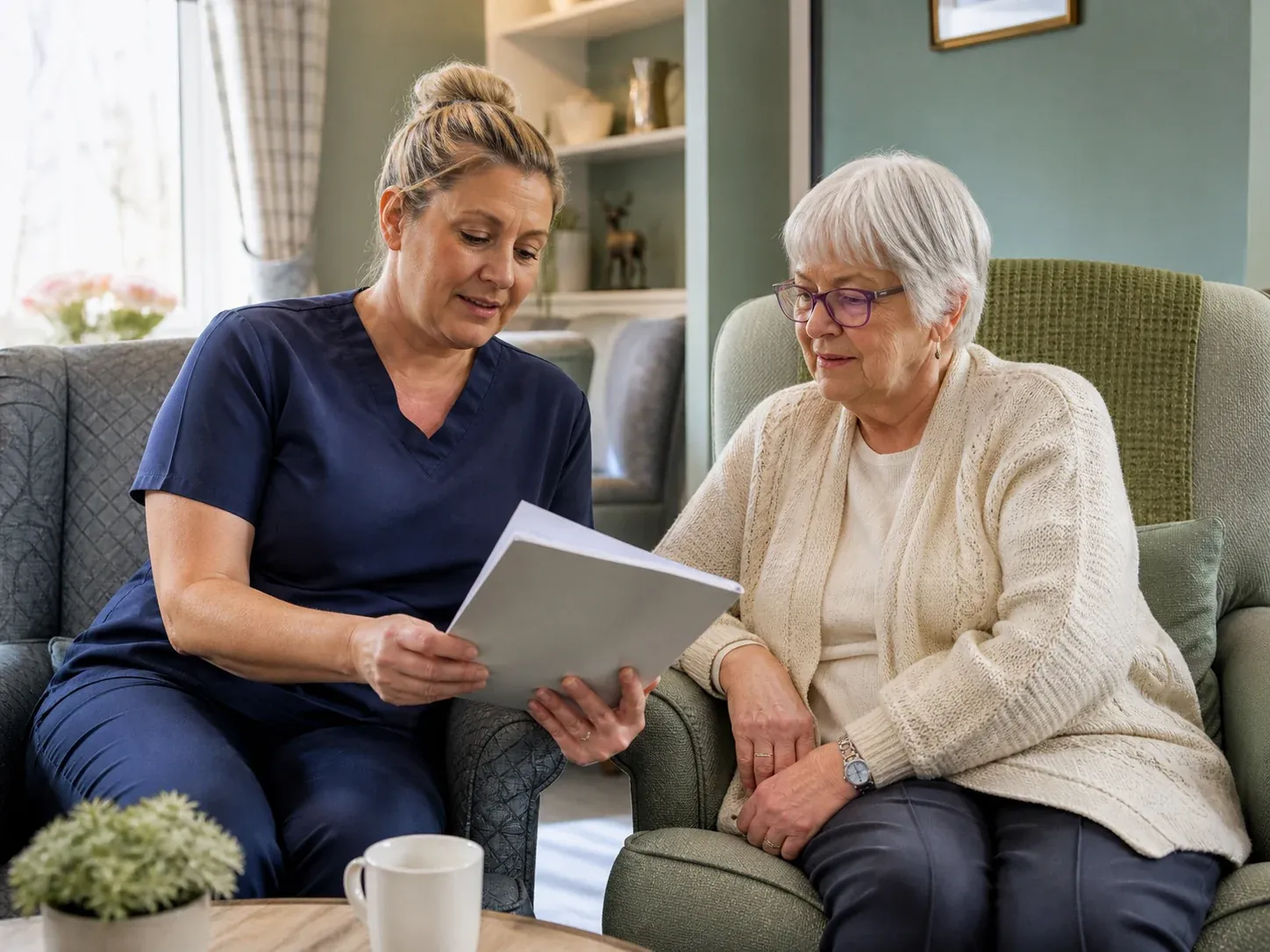 A registered nurse reviewing care information with an older resident