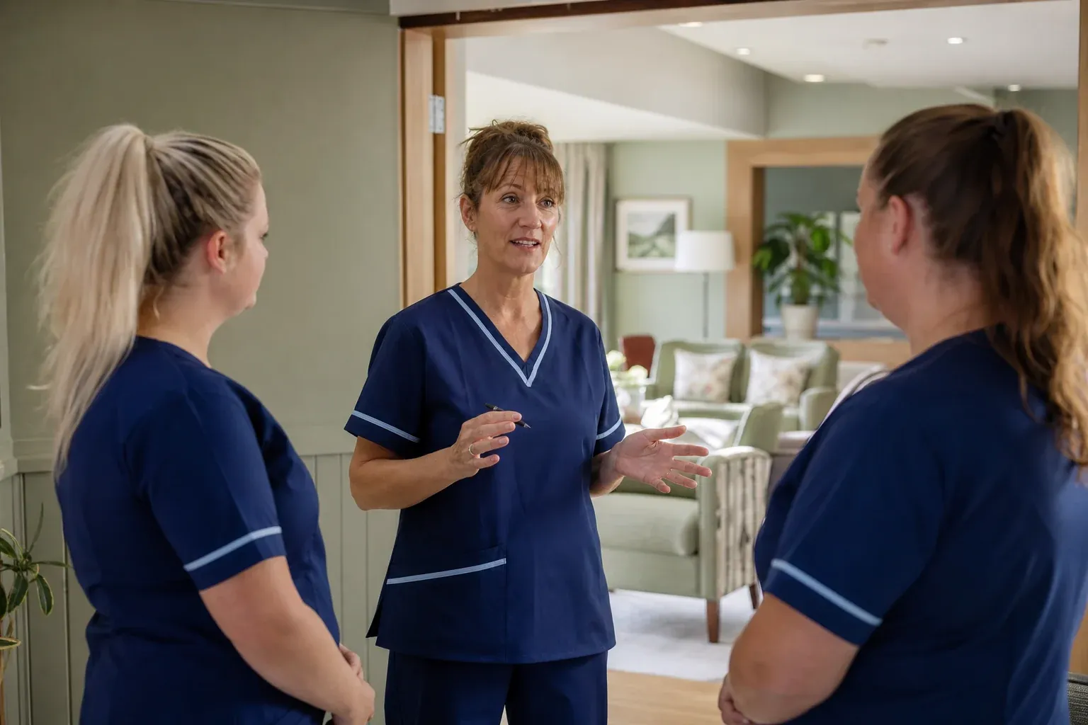 A senior carer leading a shift handover with care colleagues